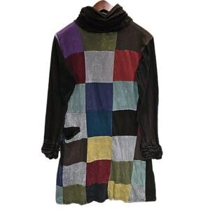 Boho Patchwork Ruched Cuff Turtleneck Long Sleeve Dress M Rustic Earthy Hippie